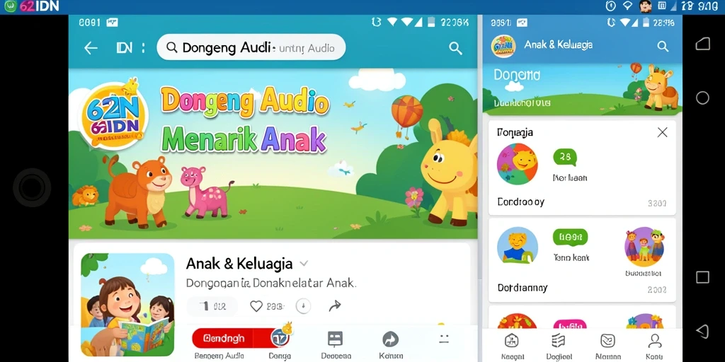 Antarmuka ramah anak aplikasi 62IDN dengan berbagai dongeng audio.