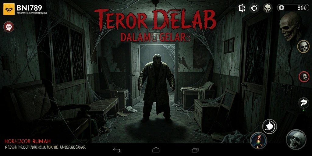 Screenshot antarmuka BNI789 menampilkan suasana rumah berhantu yang menyeramkan.